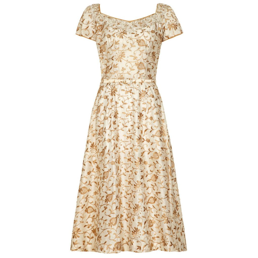 Vintage Kramer Of New York Gold And Cream Brocade 1950's Silk Dress. Sz M